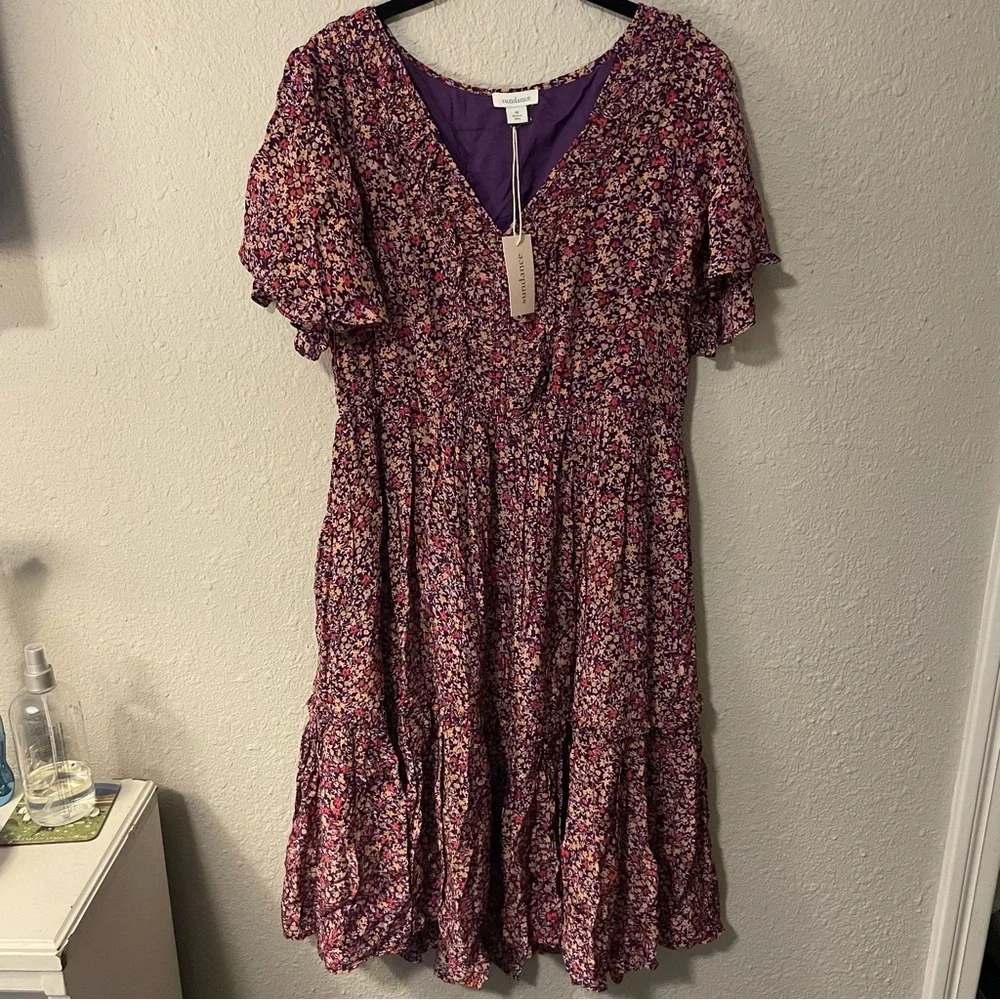 NWT Purple Sundance Mulberry Crepe Floral Tiered Dress, Size Medium - Picture 2 of 4